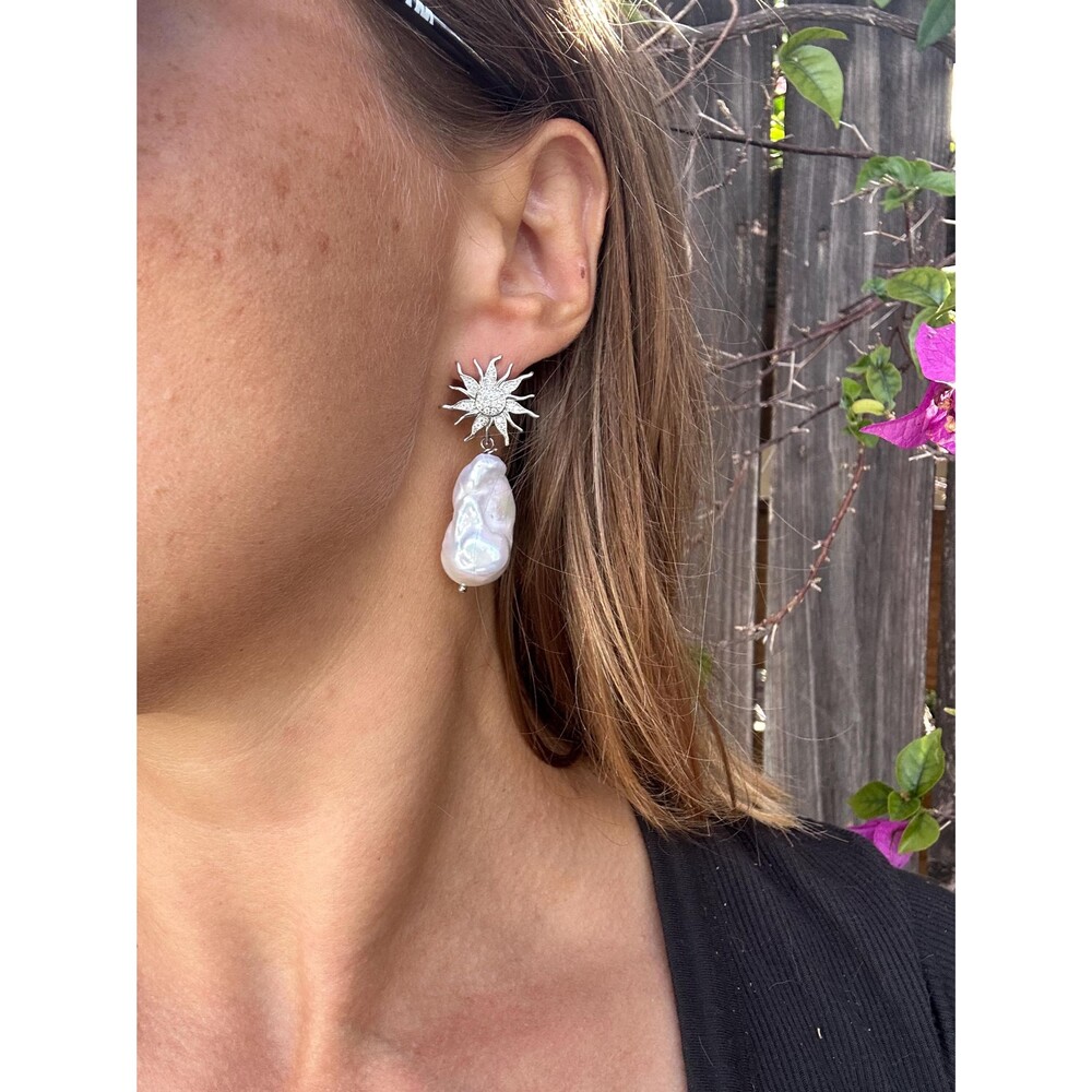 Baroque Pearl Drop Earrings – Gold Starburst, Handmade Bridal Jewelry